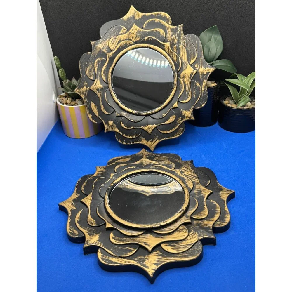 Decorative Lotus Mandala Wall Mirror Set Black & Gold Distressed Finish